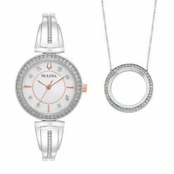Bulova Women's Crystal Bangle Watch & Circle Pendant Necklace Set - 98X121K