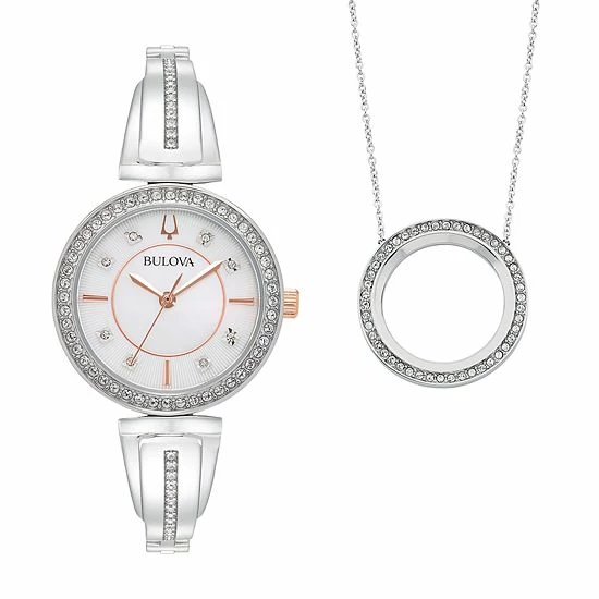 Bulova Women's Crystal Bangle Watch & Circle Pendant Necklace Set - 98X121K 1 Bulova Women's Crystal Bangle Watch & Circle Pendant Necklace Set - 98X121K