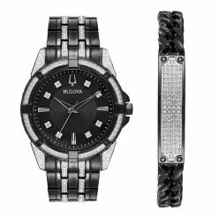 Men's Bulova Two Tone Crystal Watch & Bracelet Gift Set