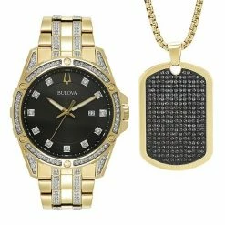 Bulova Men's Crystal Watch & Dog Tag Pendant Set - 98K107