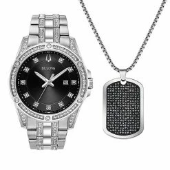 Bulova Men's Crystal Accent Stainless Steel Watch & Dog Tag Necklace Set - 96K104K