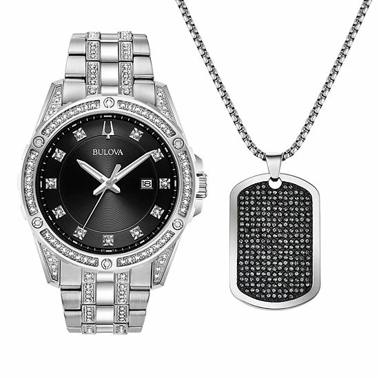 Bulova Men's Crystal Accent Stainless Steel Watch & Dog Tag Necklace Set - 96K104K Bulova Men's Crystal Accent Stainless Steel Watch & Dog Tag Necklace Set - 96K104K -Bulova Shop unnamed file 423