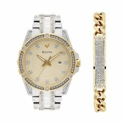 Bulova Men's Crystal Accent Two Tone Stainless Steel Watch & Chain Bracelet Set - 98K106K