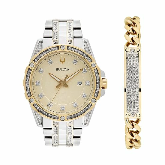 Bulova Men's Crystal Accent Two Tone Stainless Steel Watch & Chain Bracelet Set - 98K106K 1 Bulova Men's Crystal Accent Two Tone Stainless Steel Watch & Chain Bracelet Set - 98K106K